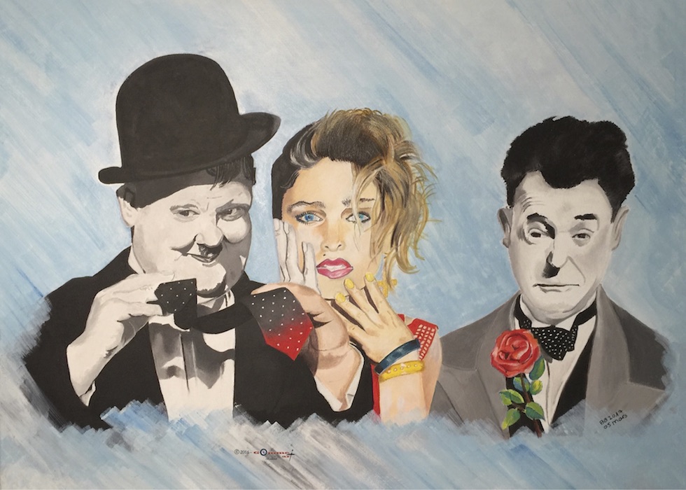 Acrylique - Pourquoi ne m'aimes-tu pas ? Laurel et Hardy + Madonna - Acrylique sur toile 50 X 70 cm réalisé par BB ( Brigitte BOXELÉ)