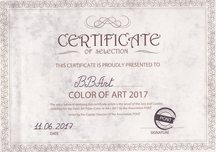 Certificat de sélection de l'artiste BB à la finale du concours artistique Swiss Art Prize "Color of Art" 2017