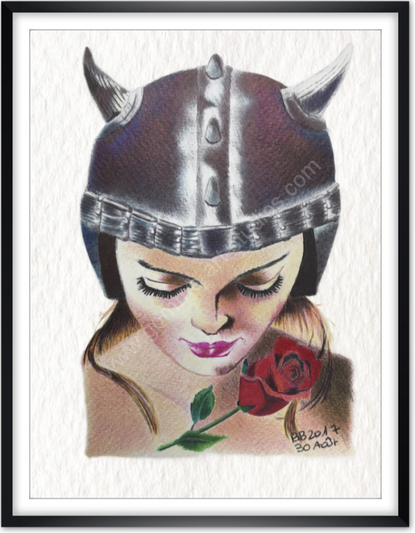 Belinda - Portrait aux stylos bille couleur d'une bikeuse avec une rose sur papier à grain - Cadre noir et passe-partout blanc.