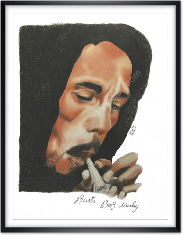 Bob Marley - Portrait aux crayons de couleur - Cadre noir et passe-partout blanc.