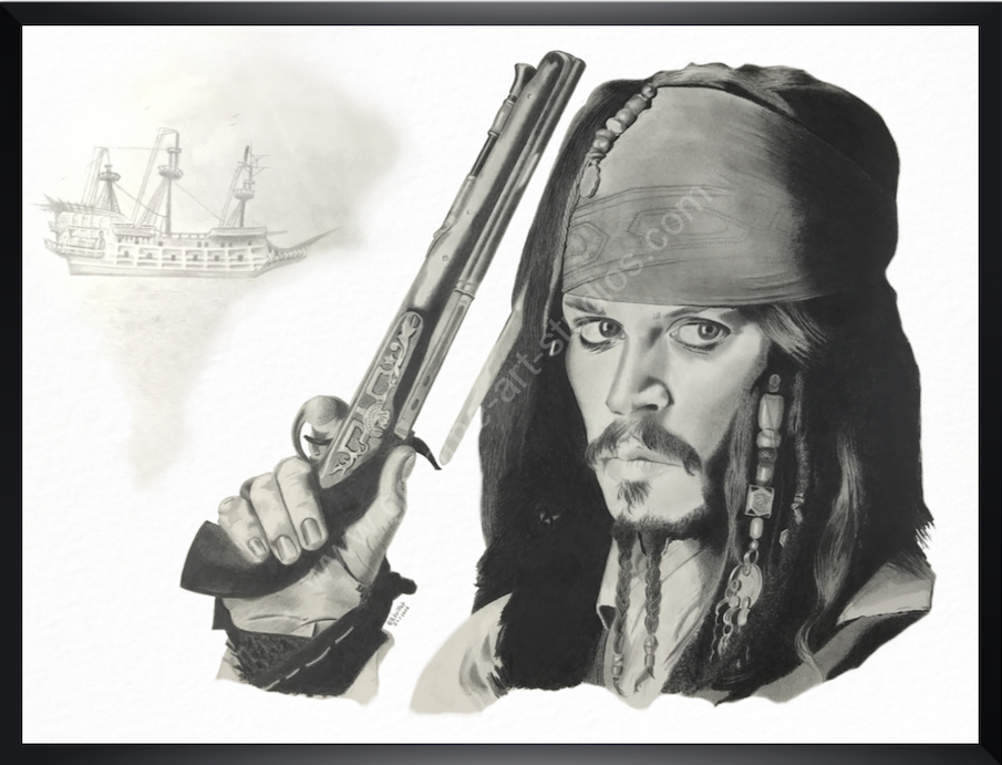mp-johnny-depp-papier-cadre Johnny Depp - Portrait à la mine graphite par BB sous cadre.