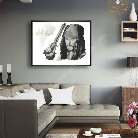 Jack Sparrow - Portrait à la mine graphite par BB sous cadre et accroché au mur d'un salon.