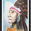 Sagesse. Tableau aux stylos-bille couleur d'un chef Indien nord-américain dans un cadre noir avec passe partout.