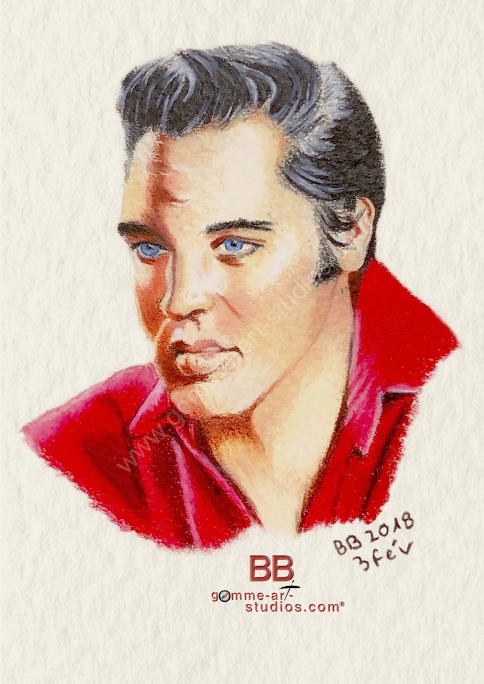 Elvis Presley - Portrait de 12 X 10 cm réalisé aux crayons de couleurs par l'artiste BB