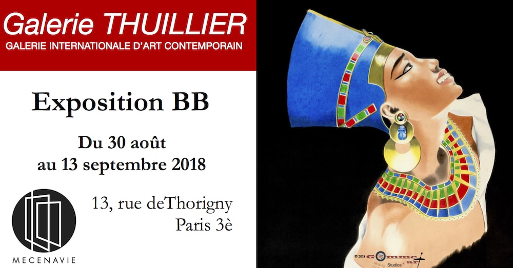 Galerie Thuillier à Paris : affiche de l'exposition Mecenavie 2018. L'artiste BB y sera présente