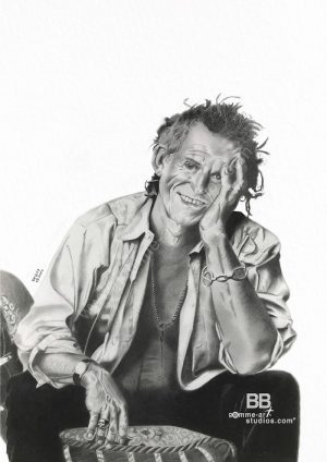 Keith Richards : portrait mine graphite, fond pastel sec sur papier cartonné grain satin format 41 x 46 cm