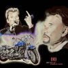Dessin représentant deux portraits de Johnny Hallyday et de sa Harley-Davidson bleue