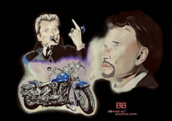 Dessin représentant deux portraits de Johnny Hallyday et de sa Harley-Davidson bleue - Format 43 x 35 cm.