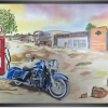 Meditation. Tableau représentant une Harley-Davidson bleue et encadré avec cadre bois fin veiné noir.