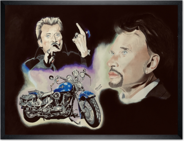 Tableau de deux portraits de Johnny Hallyday et d'une Harley bleue dans un cadre fin bois veiné noir
