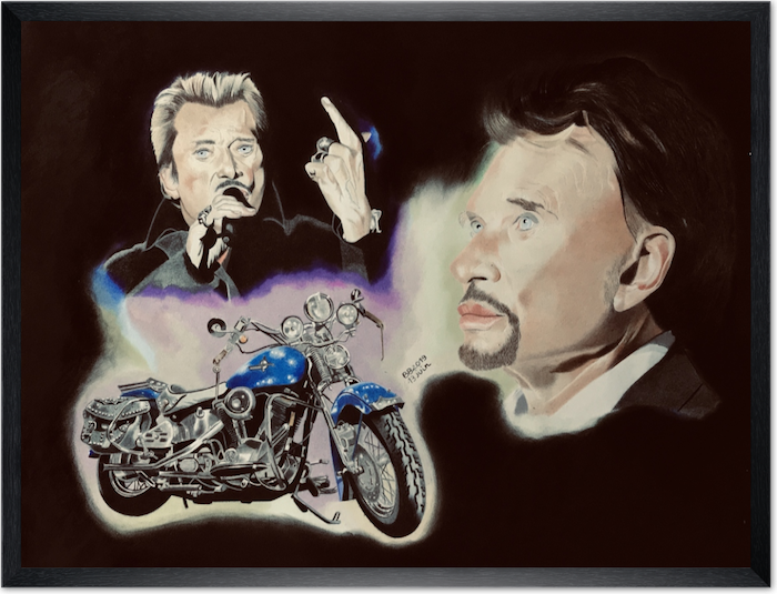 hahnemulhe-que-ma-harley-veine-noir-fin Tableau de deux portraits de Johnny Hallyday et d'une Harley bleue dans un cadre fin bois veiné noir