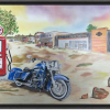 Meditation. Tableau représentant une Harley-Davidson bleue et encadré avec une caisse américaine.