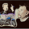 Tableau de deux portraits de Johnny Hallyday et d'une Harley bleue dans une ArtBox bois veiné noir