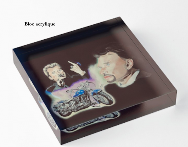 Bloc acrylique représentant deux portraits de Johnny Hallyday et d'une Harley bleue