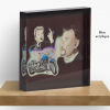 Bloc acrylique représentant deux portraits de Johnny Hallyday et d'une Harley bleue