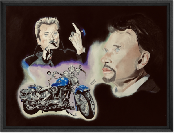 Tableau de deux portraits de Johnny Hallyday et d'une Harley bleue dans une caisse américaine en bois noir