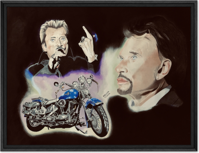 que-ma-harley-caisse-americaine-noire Tableau de deux portraits de Johnny Hallyday et d'une Harley bleue dans une caisse américaine en bois noir