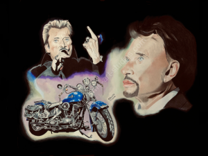 Dessin représentant deux portraits de Johnny Hallyday et de sa Harley-Davidson bleue