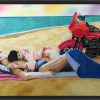 By the Seashore - tableau d'un couple enlacé sur un bord de mer à côté d'une Harley rouge - Caisse américaine.