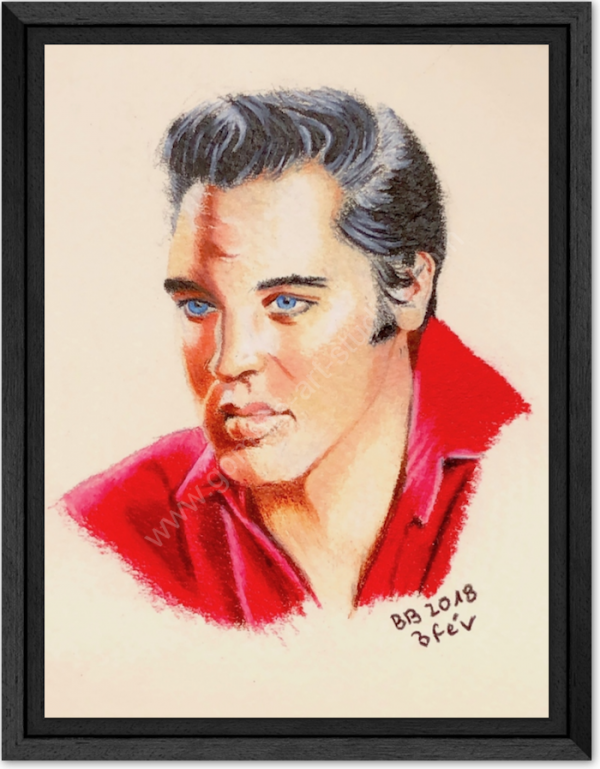 Elvis Presley - portrait couleur dans un caisse américaine en bois noir.
