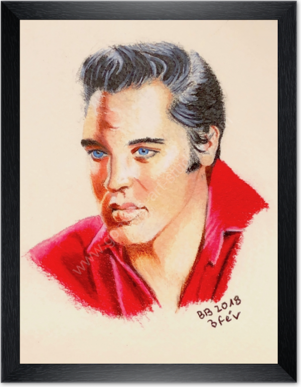 Elvis Presley - portrait couleur dans un cadre en bois fin noir.