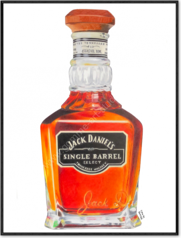 Jack Daniels reproduction - Bouteille dessinée aux crayons de couleur - ArtBox bois veiné noir.