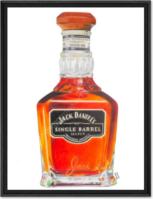 Jack Daniels reproduction - Bouteille dessinée aux crayons de couleur - Caisse américaine bois veiné noir.