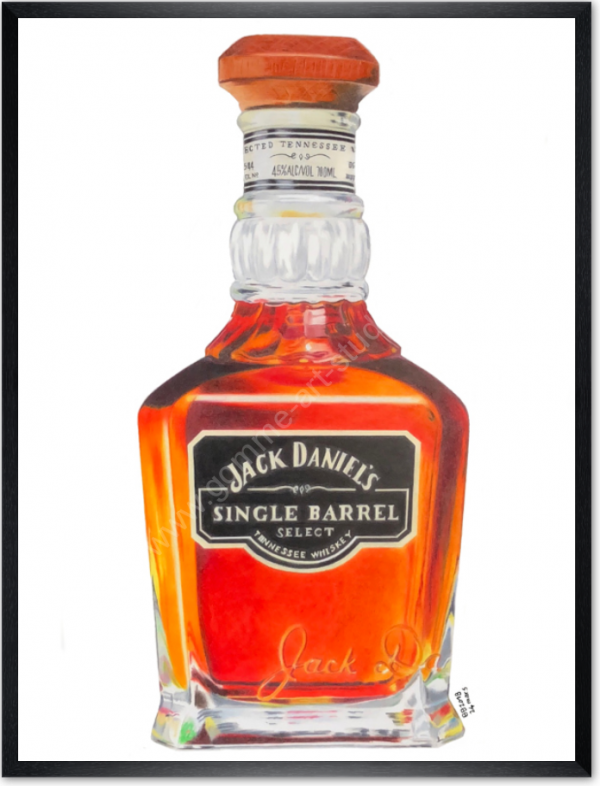 Jack Daniels reproduction - Bouteille dessinée aux crayons de couleur - Cadre bois fin veiné noir.