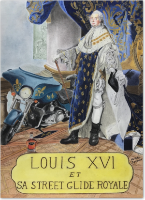 Tableau représentant Louis XVI en costume de sacre et posant aux cotés d'une moto Harley Street Glide