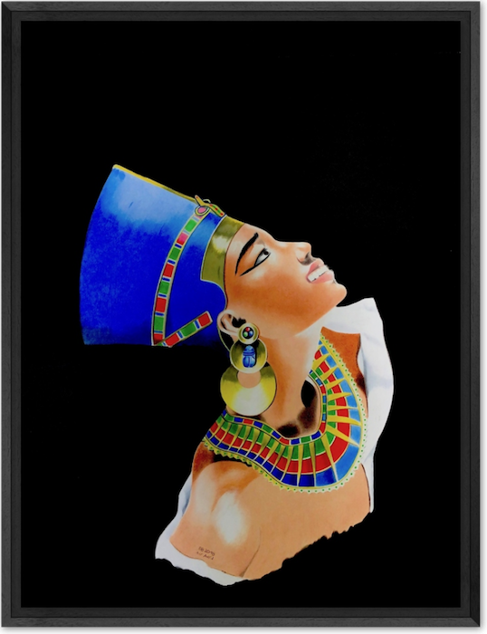 Tableau de Néfertiti réalisé aux crayons de couleurs par BB et encadré dans un caisse américaine bois veiné noir.