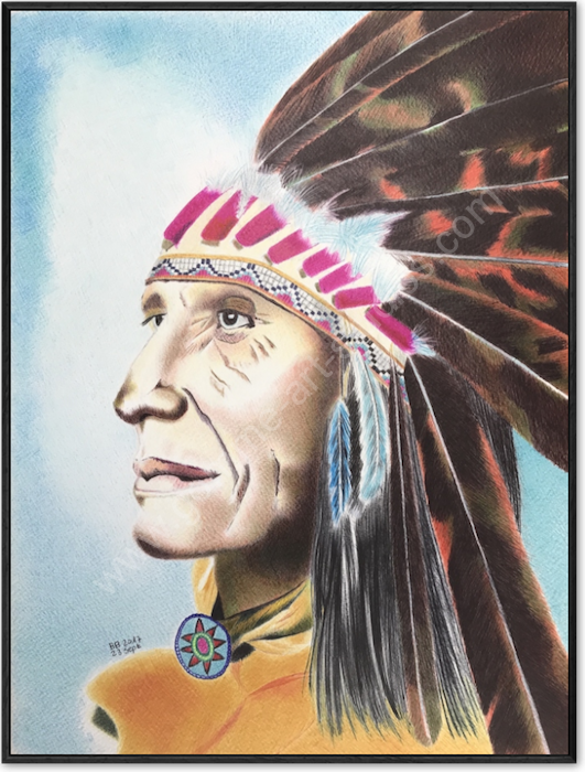 Sagesse. Tableau aux stylos-bille couleur d'un chef Indien nord-américain dans une ArtBox bois veiné noir.