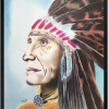 Sagesse. Tableau aux stylos-bille couleur d'un chef Indien nord-américain dans un cadre bois fin veiné noir.