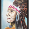 Sagesse. Tableau aux stylos-bille couleur d'un chef Indien nord-américain dans une caisse américaine en bois veiné noir.