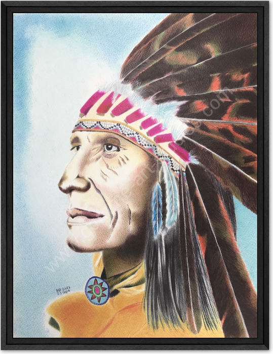 Sagesse. Tableau aux stylos-bille couleur d'un chef Indien nord-américain dans une caisse américaine en bois veiné noir.