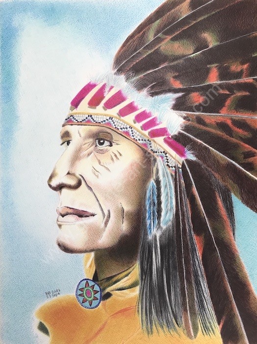 Sagesse. Tableau aux stylos-bille couleur d'un chef Indien nord-américain.