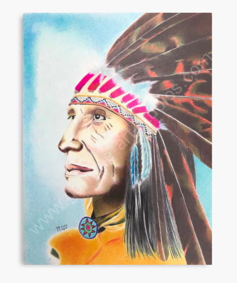 Sagesse. Tableau aux stylos-bille couleur et sur plaque métallique d'un chef Indien nord-américain.