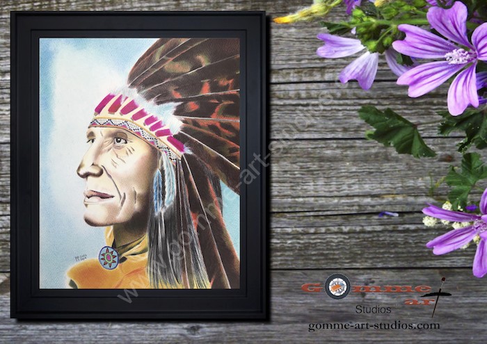 sagesse-salon Sagesse. Tableau aux stylos-bille couleur d'un chef Indien nord-américain accroché sur un mur.