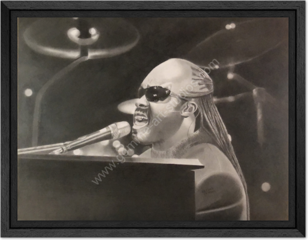 Stevie Wonder - portrait à la mine graphite avec caisse américaine bois noir.