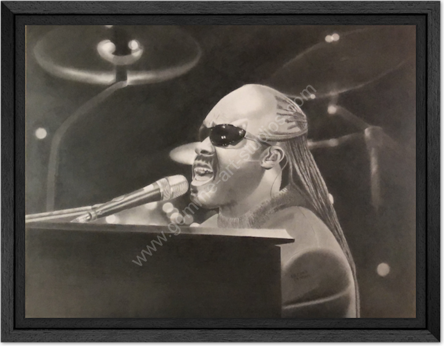stevie-wonder-caisse-americaine Stevie Wonder - portrait à la mine graphite avec caisse américaine bois noir.