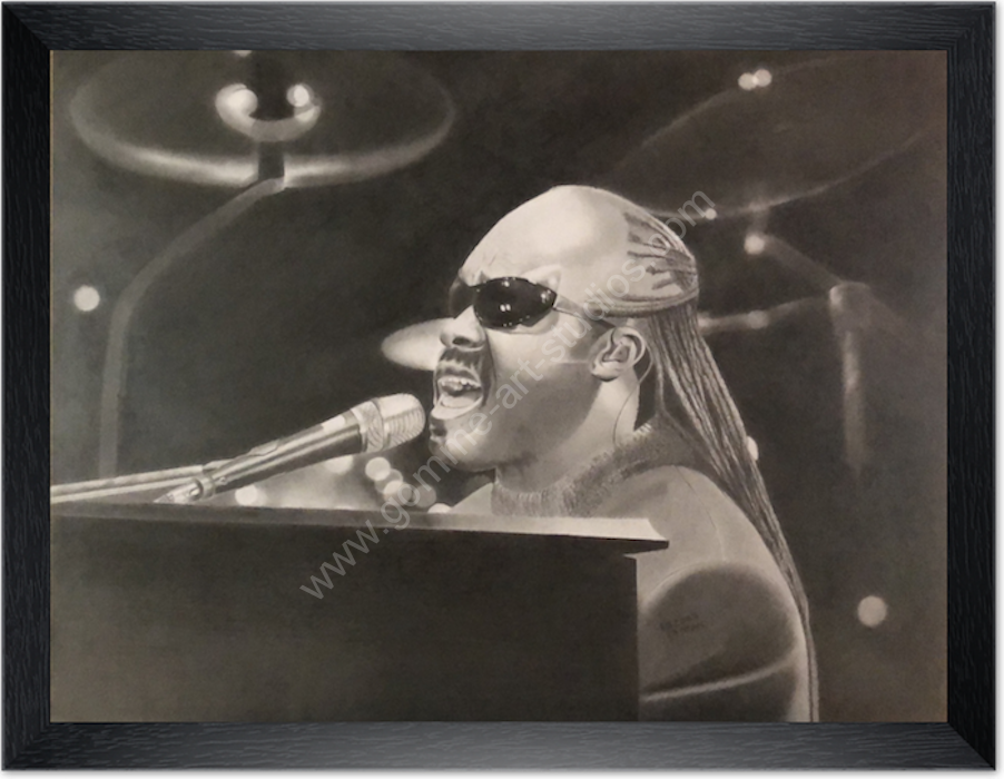 stevie-wonder-fin-veine-noir Stevie Wonder - portrait à la mine graphite avec cadre bois noir fin.
