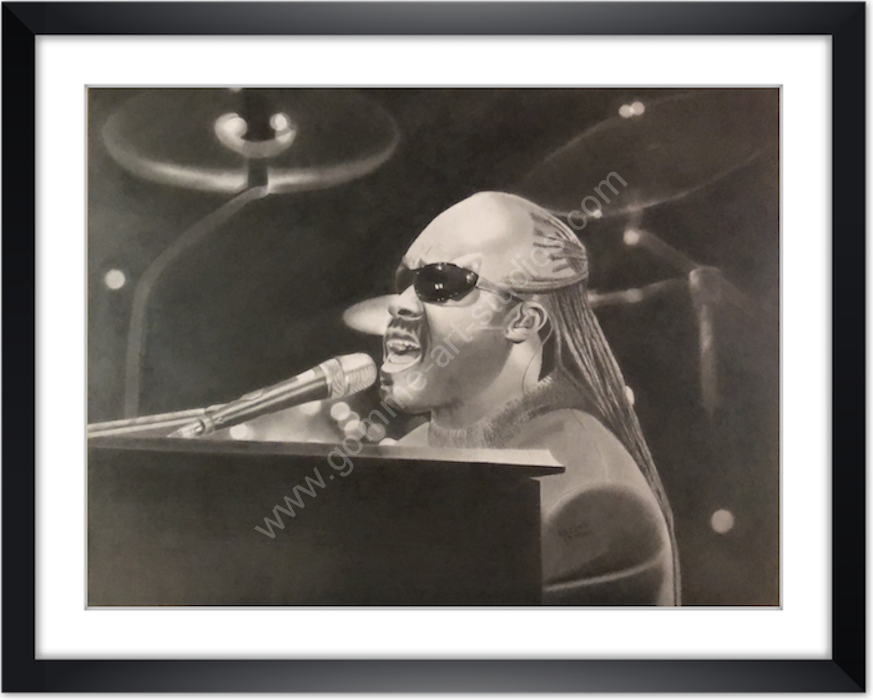 stevie-wonder-passe-partout Stevie Wonder - portrait à la mine graphite avec cadre noir et passe-partout blanc.