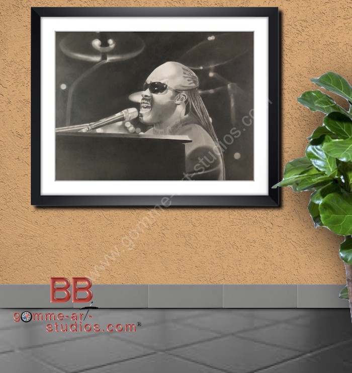 stevie-wonder-salon Stevie Wonder - portrait à la mine graphite encadré dans un salon.