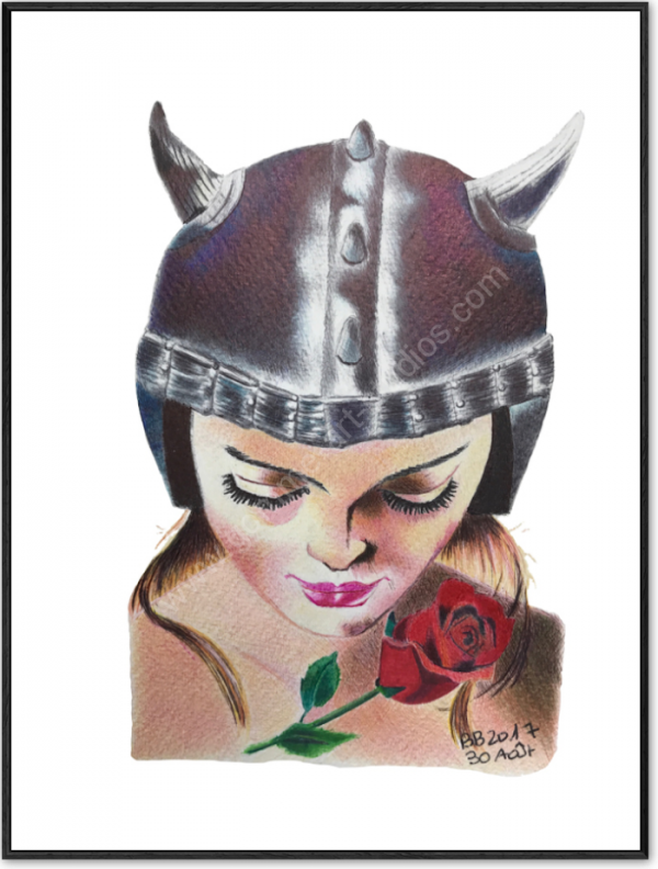 Belinda - Portrait aux stylos bille couleur d'une bikeuse avec une rose - ArtBox bois veiné noir.