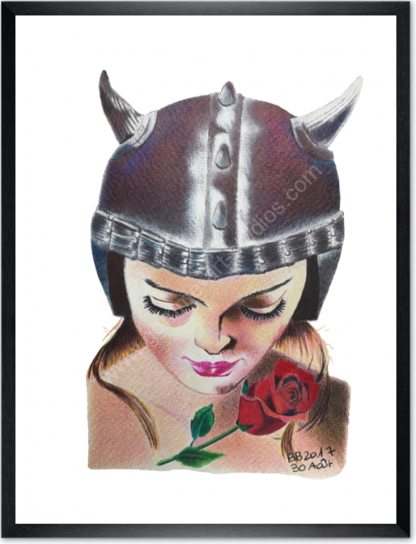 Belinda - Portrait aux stylos bille couleur d'une bikeuse avec une rose - Cadre bois fin veiné noir.
