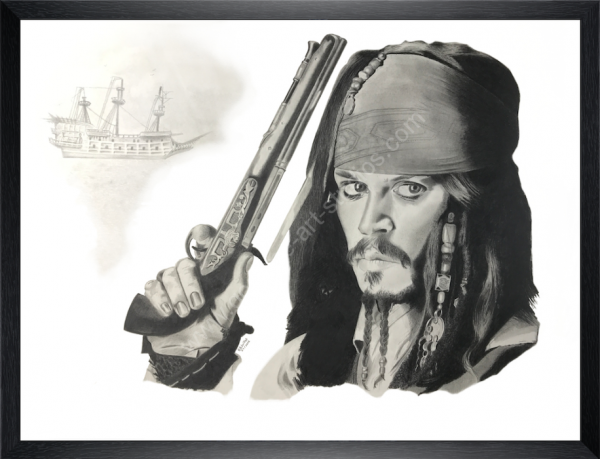 Jack Sparrow - Portrait à la mine graphite par BB - Cadre bois fin veiné noir.