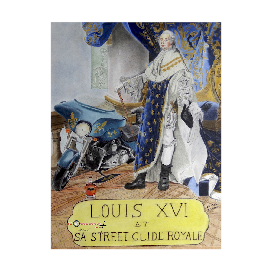 Louis XVI et sa Street Glide royale – Pastel tendre – Format 65 x 50 cm.