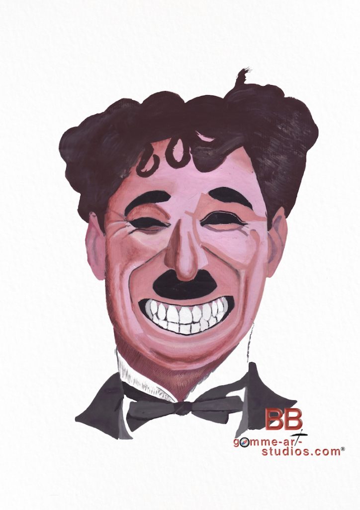 Charlie Chaplin - Portrait à la gouache par l'artiste BB - Format 21 x 30 cm.
