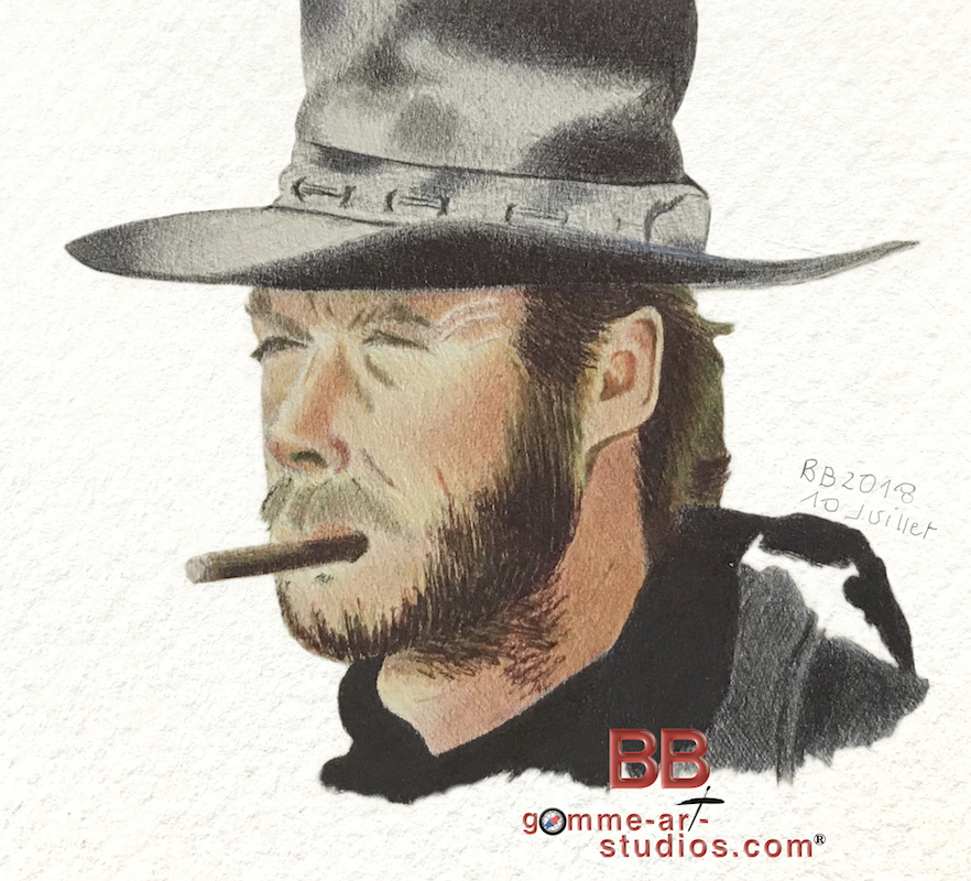 Clint Eastwood - Portrait aux stylos à bille couleur - 10 x 12 cm.