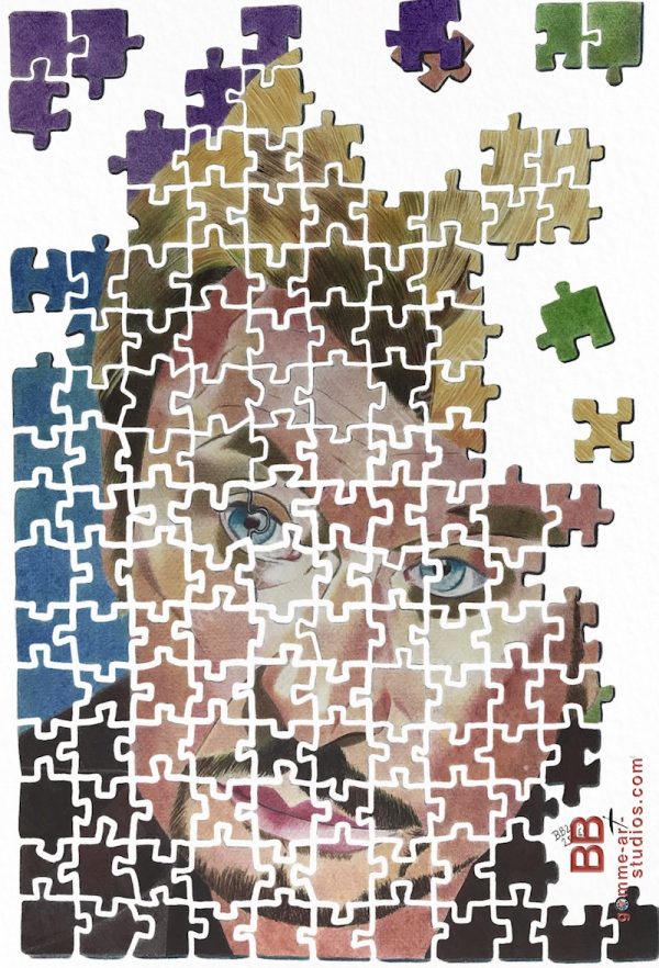 Johnny Hallyday - Portrait sous forme de puzzle aux stylos à bille couleur.