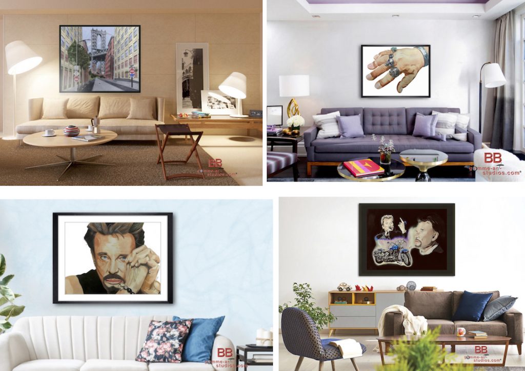 Supports pour une reproduction de tableaux - plusieurs photos de tableaux encadrés et mis en situation dans une chambre ou un salon.